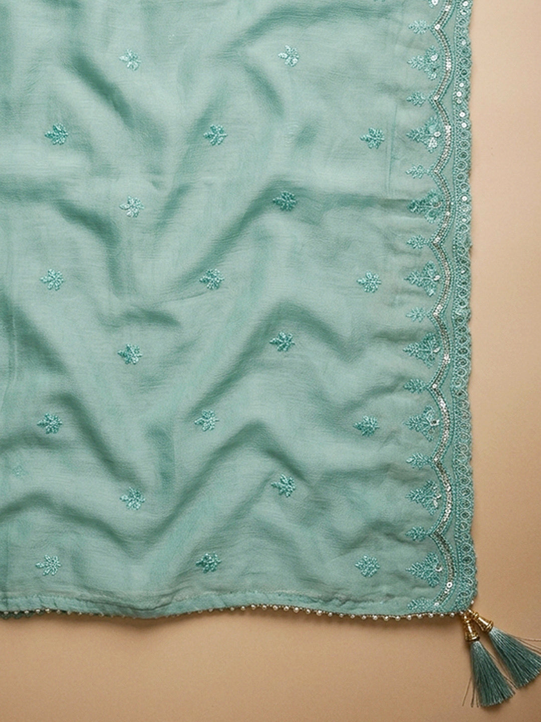 Sea Green Embroidery Chanderi Unstitched Dress Material