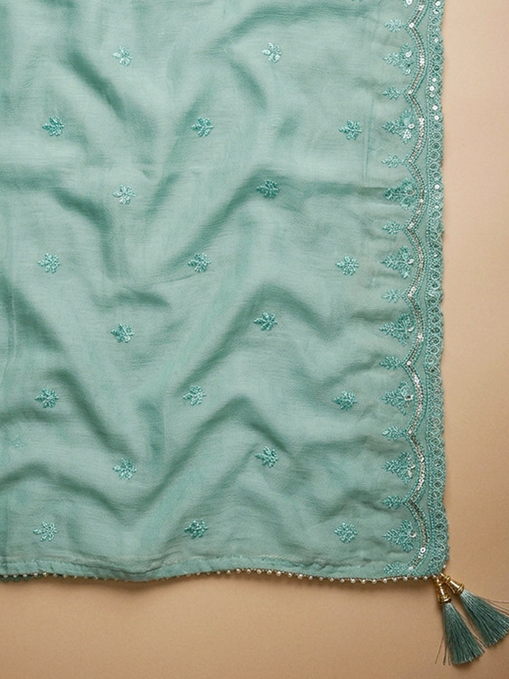Sea Green Embroidery Chanderi Unstitched Dress Material