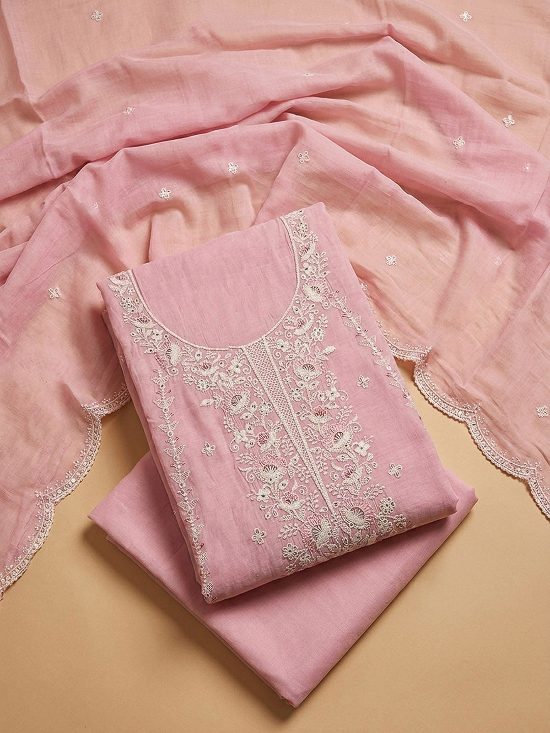 Peach Embroidery Chanderi Unstitched Dress Material