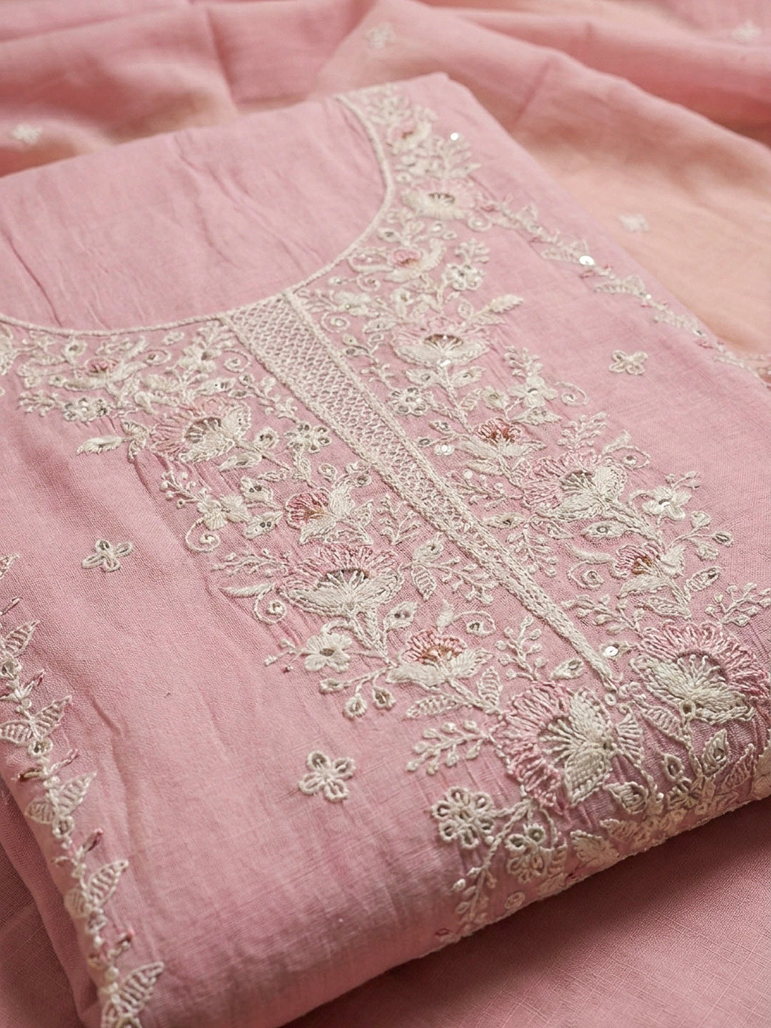 Peach Embroidery Chanderi Unstitched Dress Material