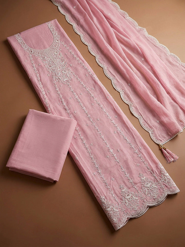 Peach Embroidery Chanderi Unstitched Dress Material
