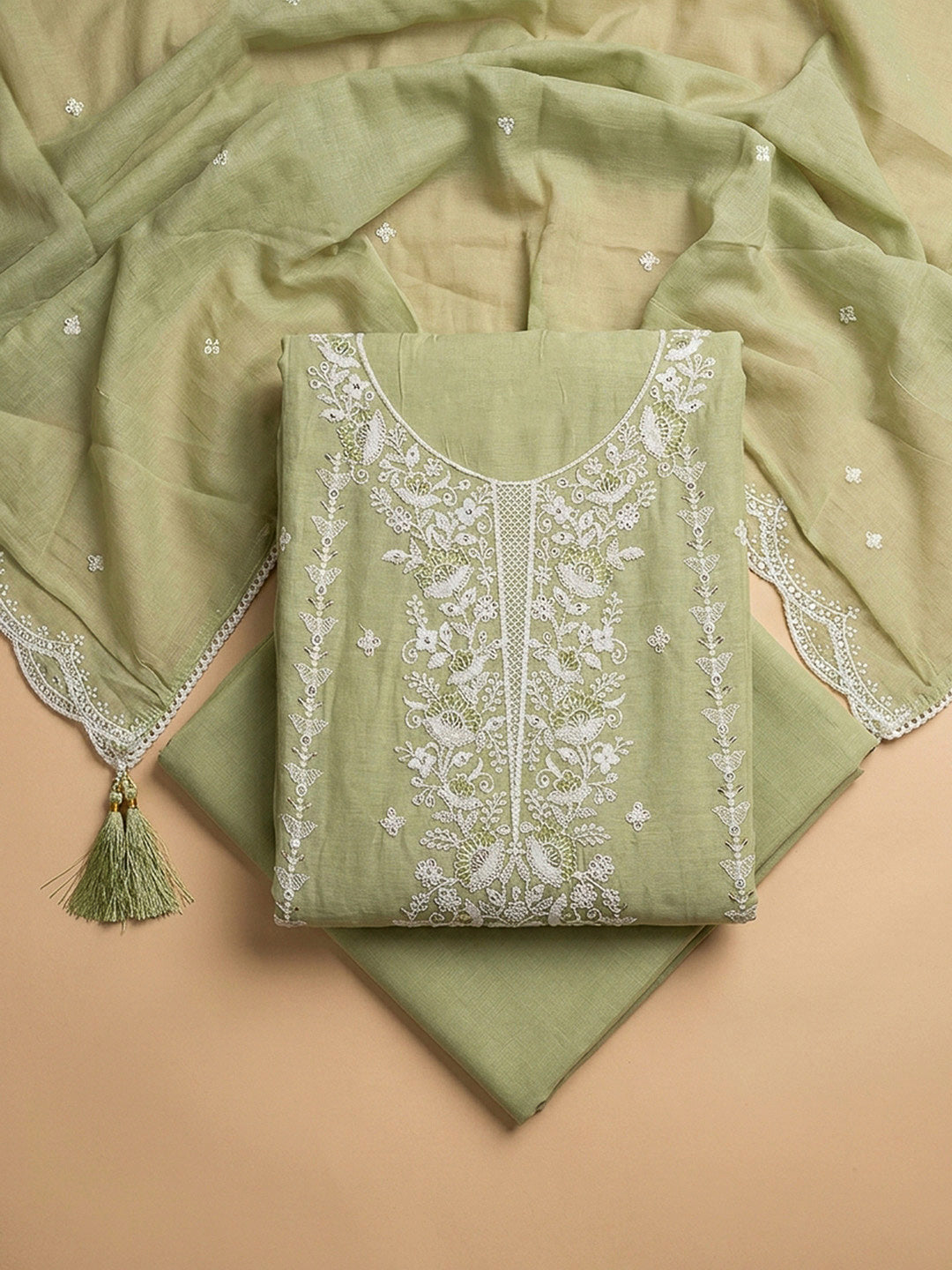 Pista Green Embroidery Chanderi Unstitched Dress Material