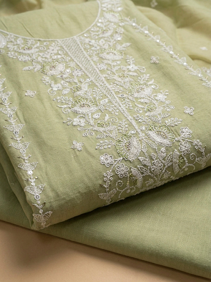 Pista Green Embroidery Chanderi Unstitched Dress Material