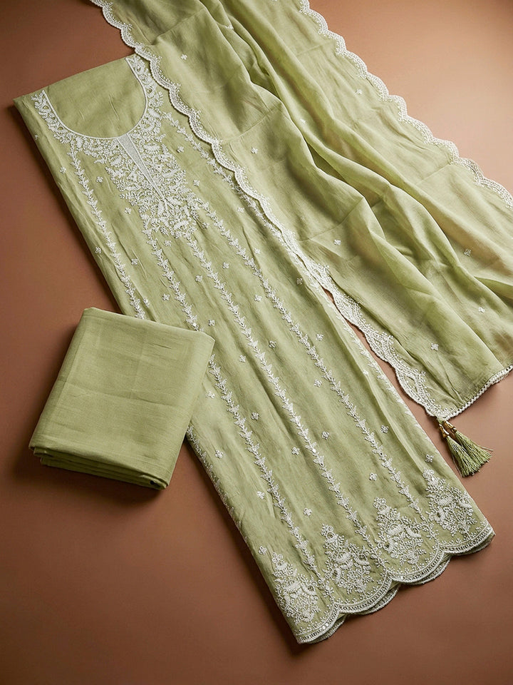 Pista Green Embroidery Chanderi Unstitched Dress Material
