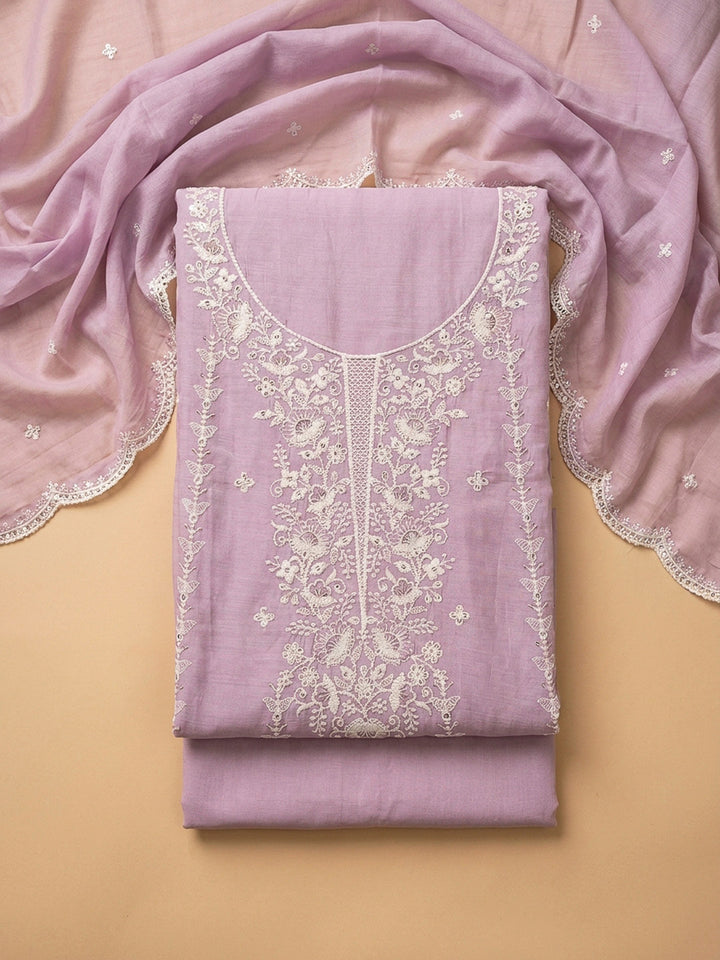 Purple Embroidery Chanderi Unstitched Dress Material
