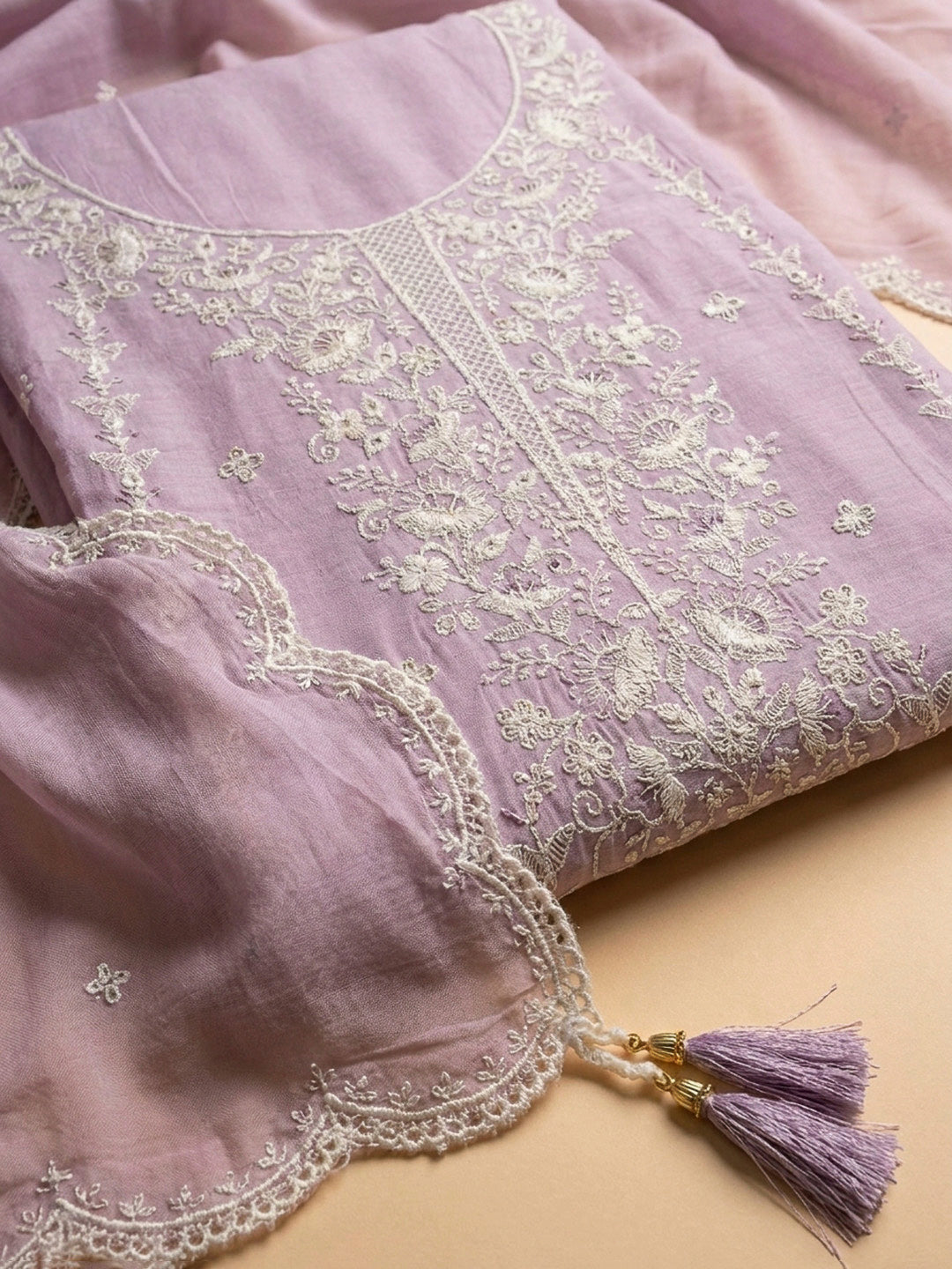 Purple Embroidery Chanderi Unstitched Dress Material