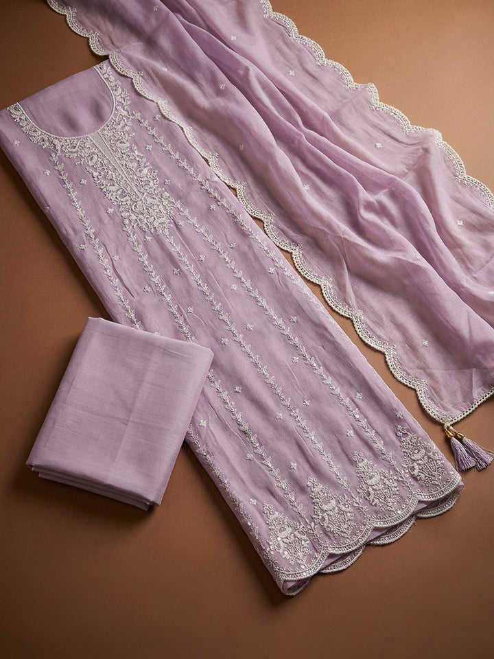 Purple Embroidery Chanderi Unstitched Dress Material