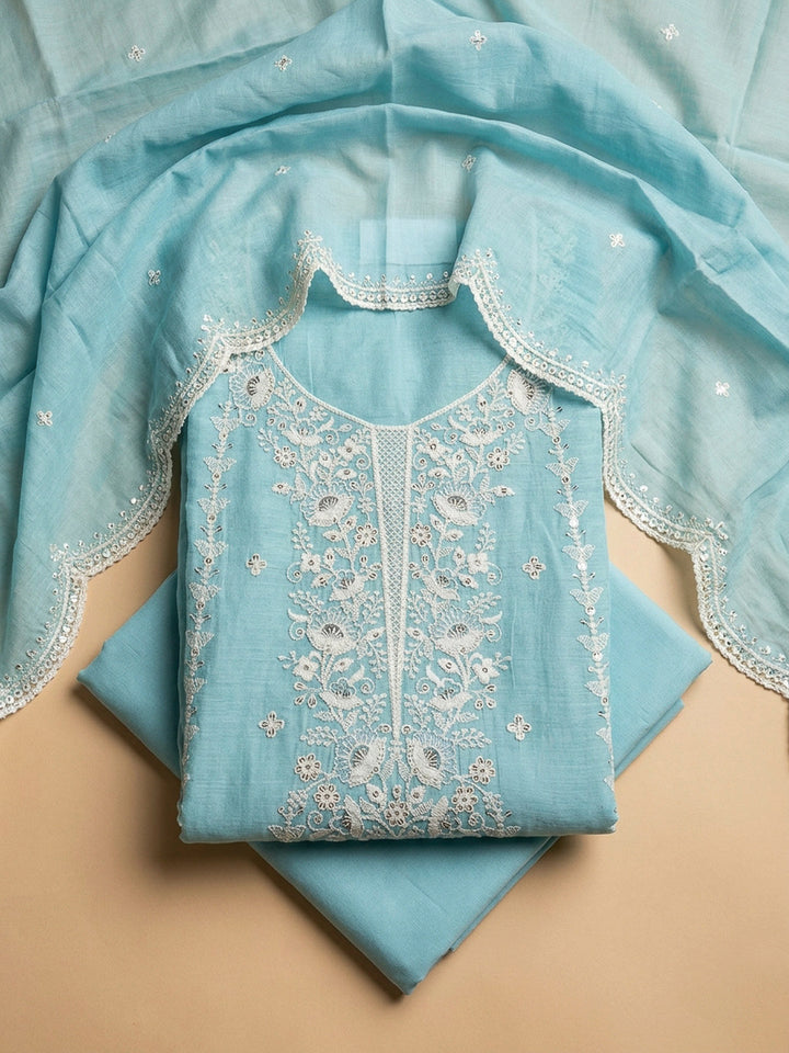 Sky Blue Embroidery Chanderi Unstitched Dress Material