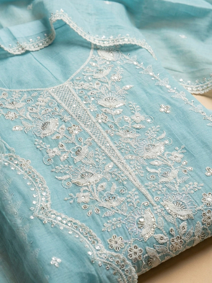 Sky Blue Embroidery Chanderi Unstitched Dress Material
