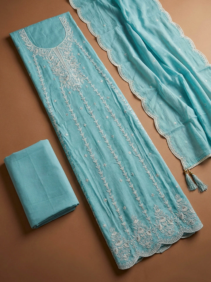 Sky Blue Embroidery Chanderi Unstitched Dress Material