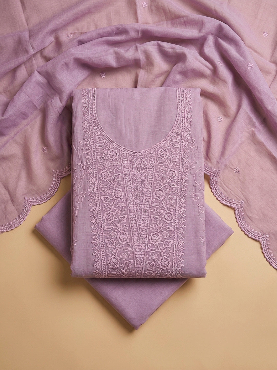Lavender Embroidery Chanderi Unstitched Dress Material