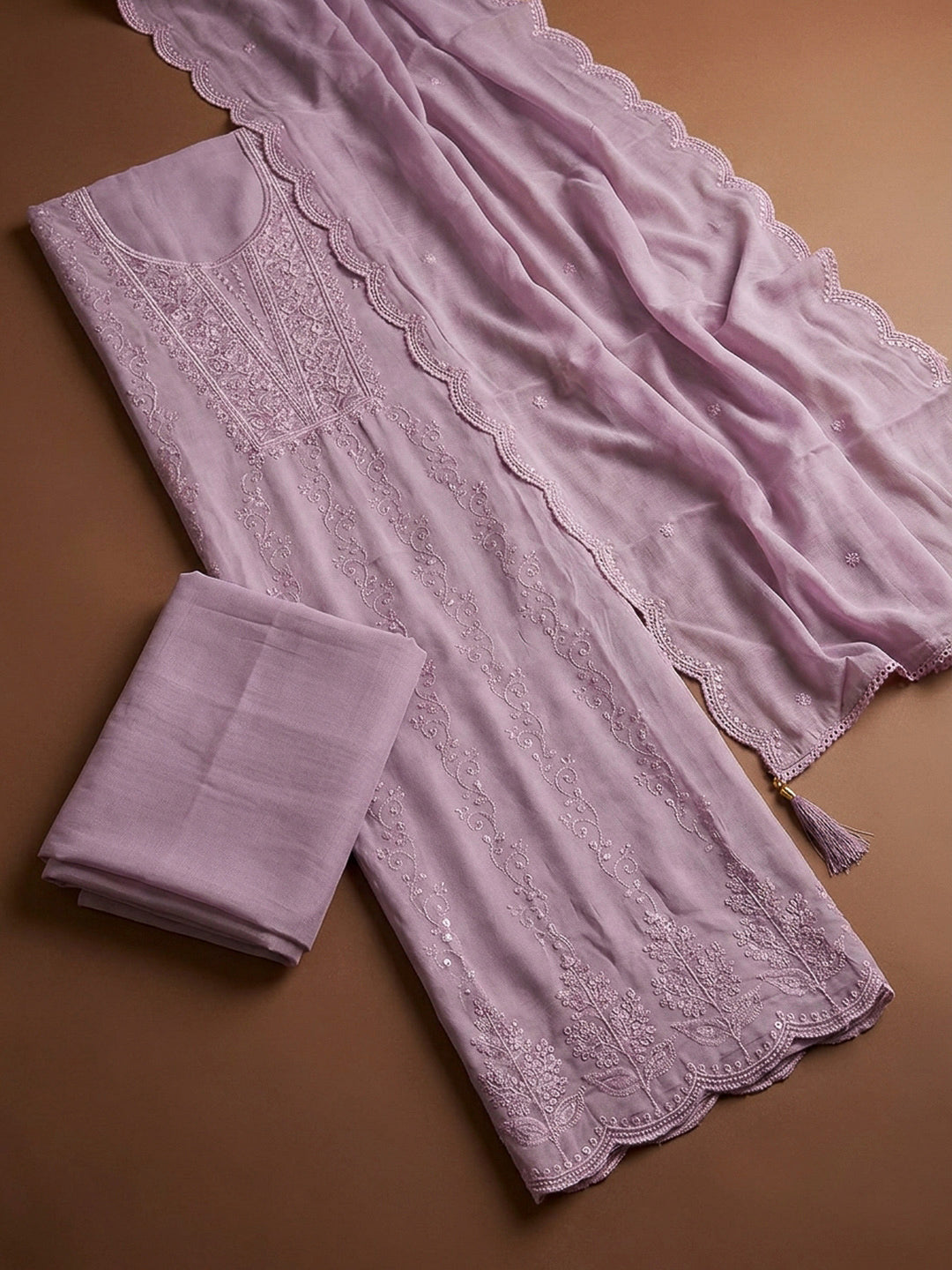 Lavender Embroidery Chanderi Unstitched Dress Material