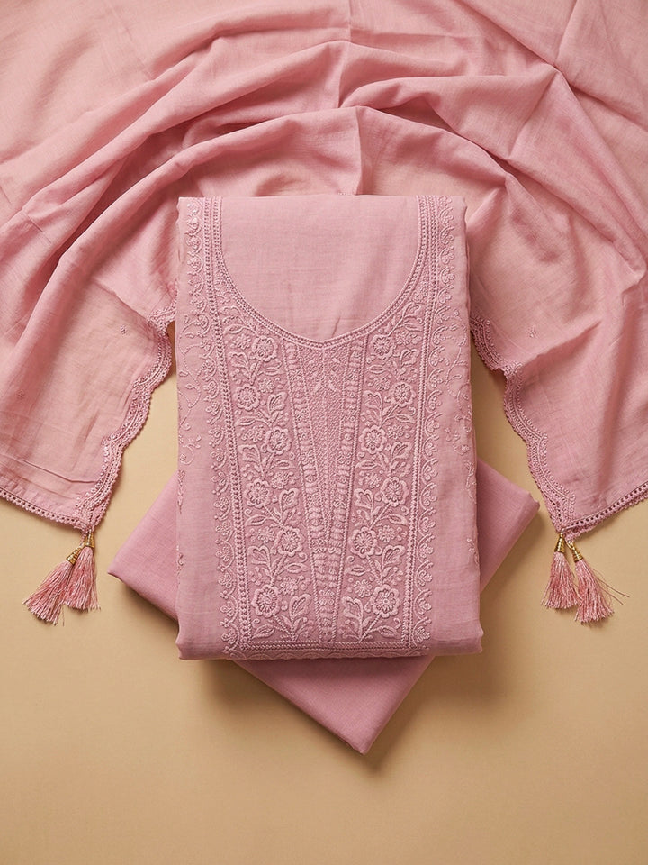 Peach Embroidery Chanderi Unstitched Dress Material
