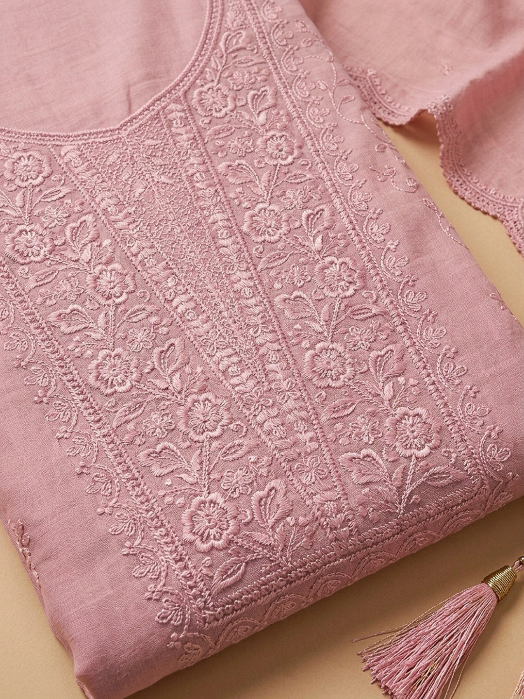 Peach Embroidery Chanderi Unstitched Dress Material
