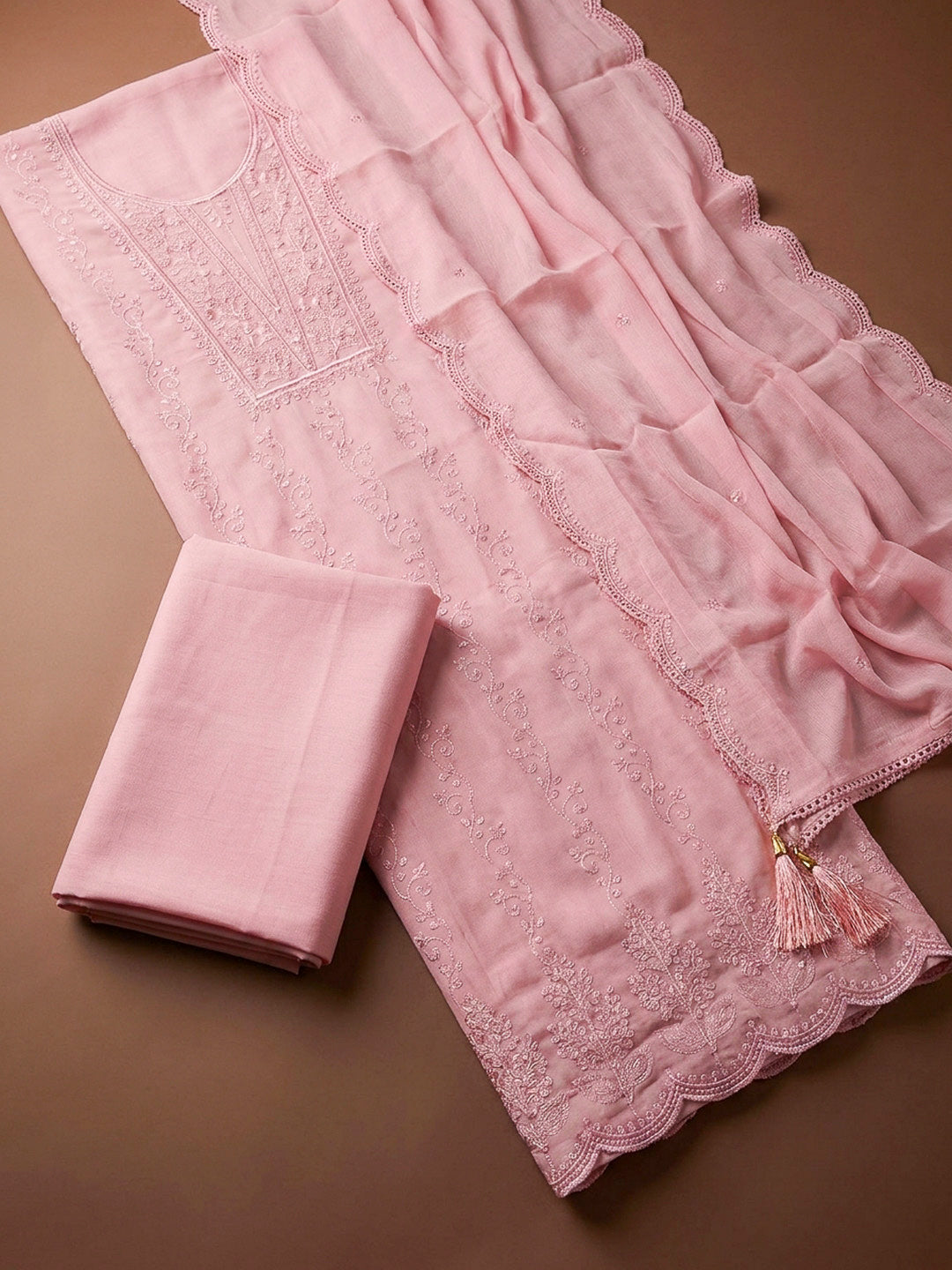 Peach Embroidery Chanderi Unstitched Dress Material