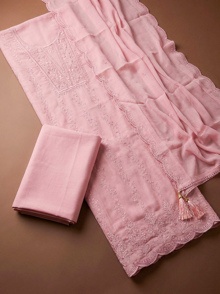 Peach Embroidery Chanderi Unstitched Dress Material