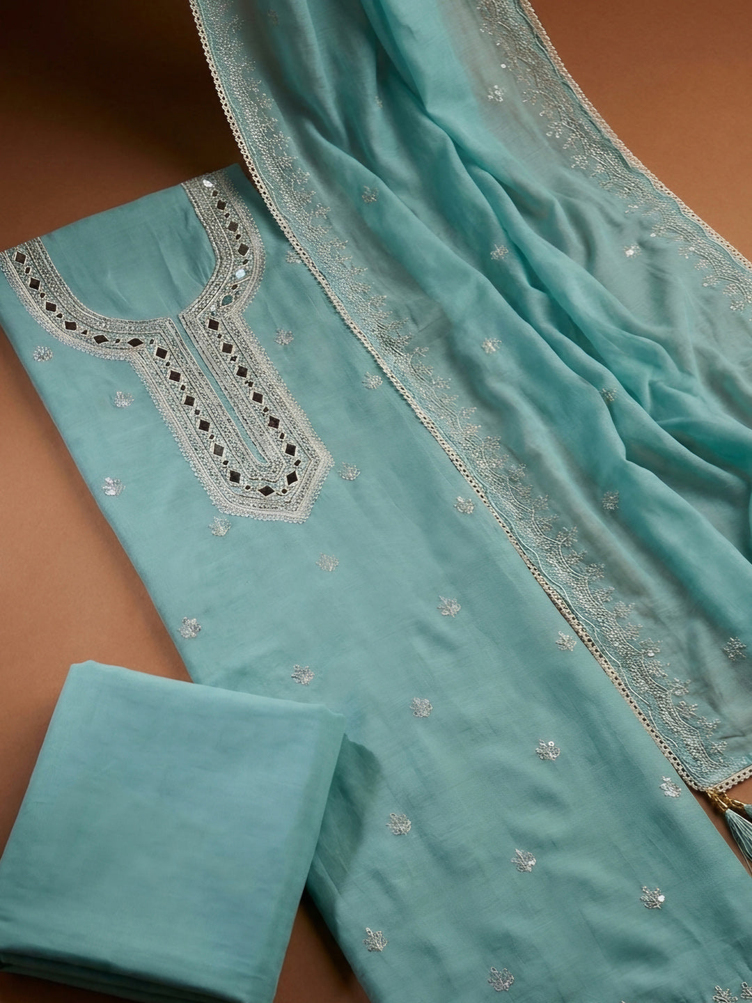 Blue Lt  Chanderi Unstitched Dress Material