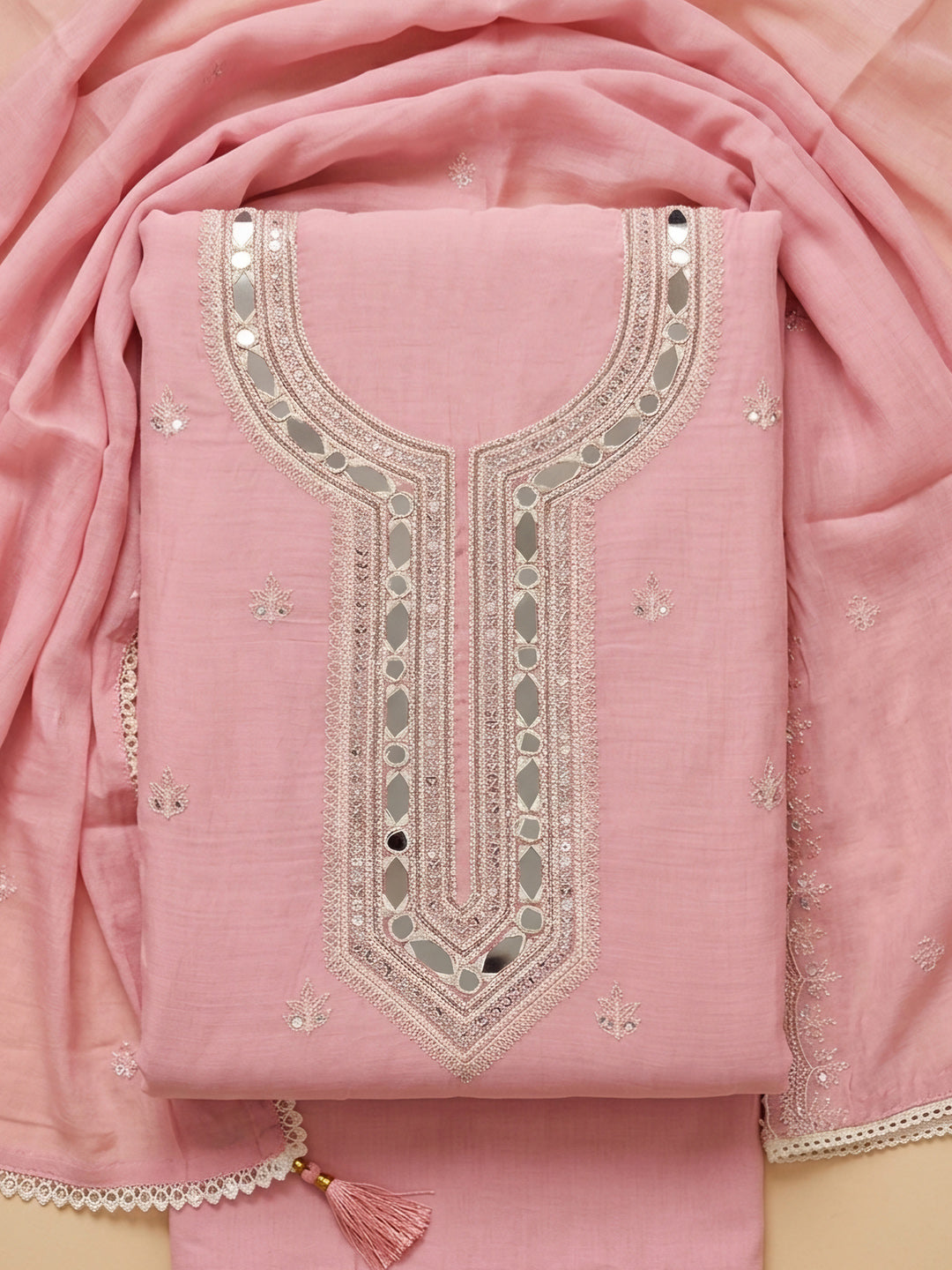 Peach  Chanderi Unstitched Dress Material