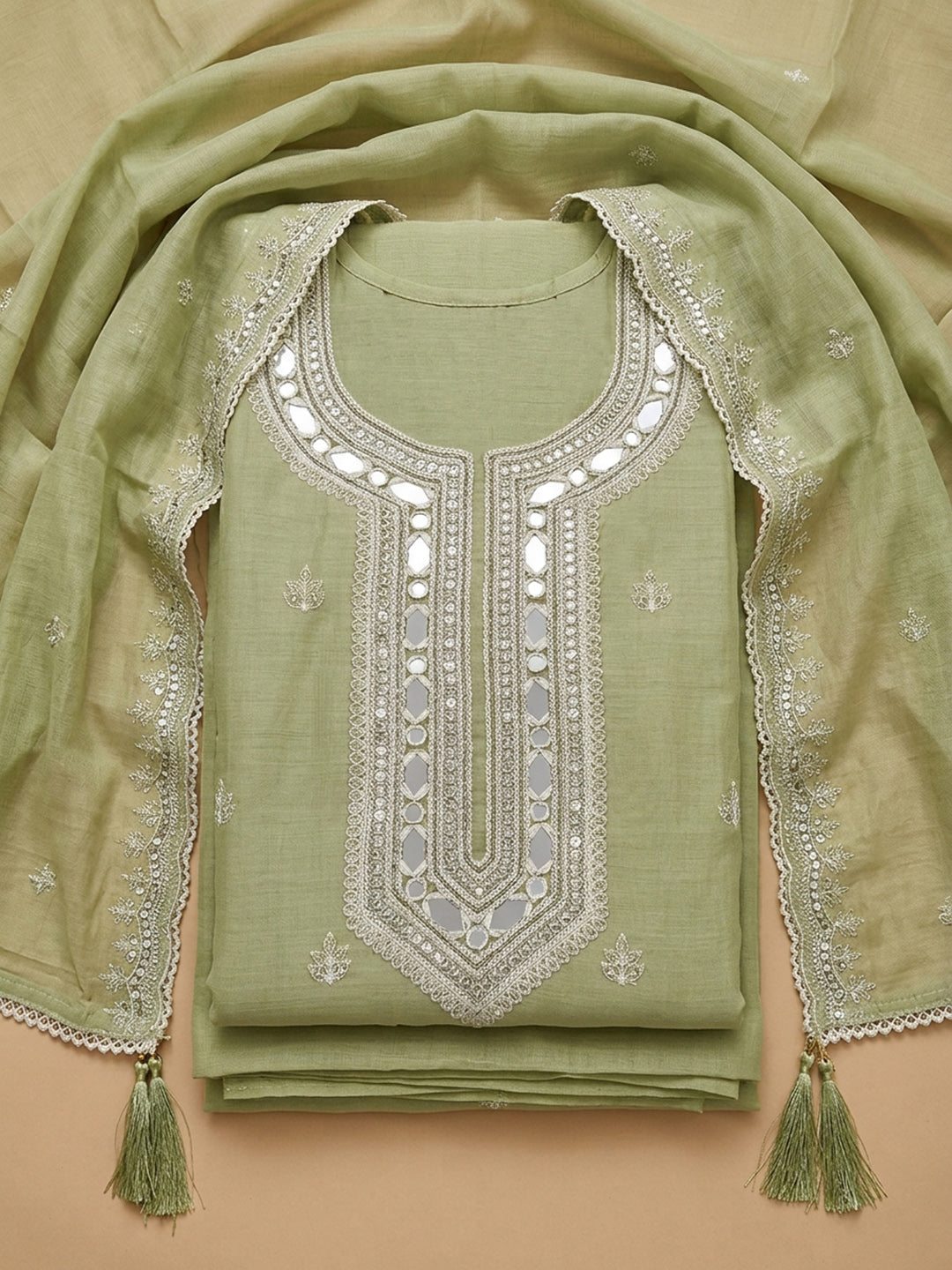 Pista Green  Chanderi Unstitched Dress Material