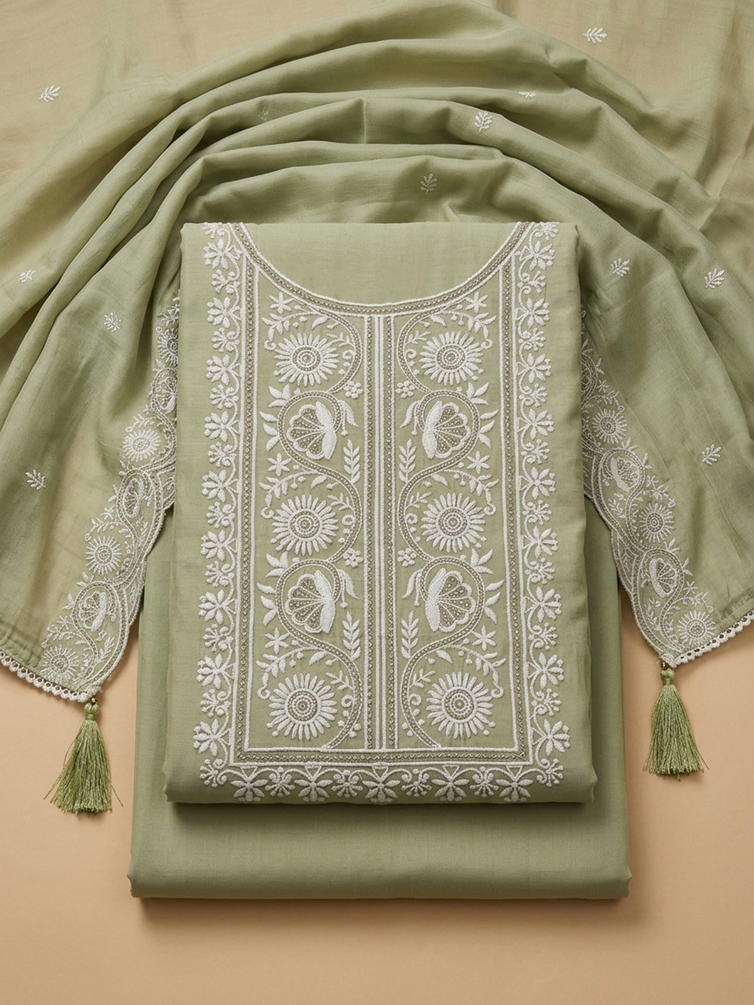 Pista Green  Chanderi Unstitched Dress Material