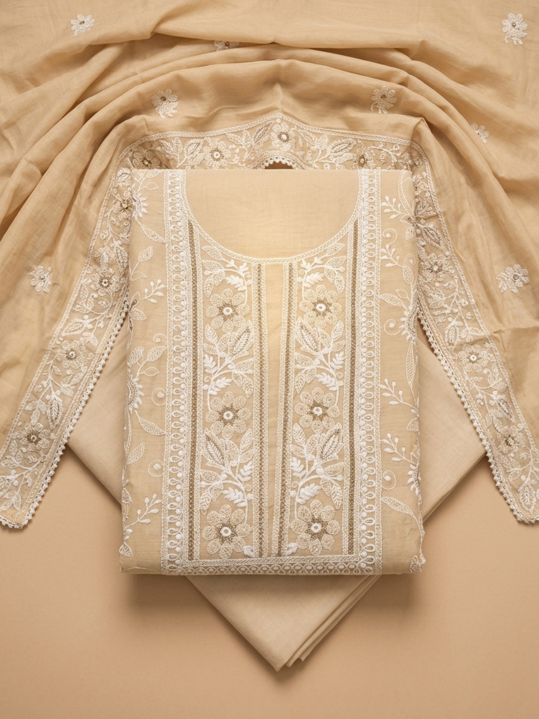 Beige  Chanderi Unstitched Dress Material