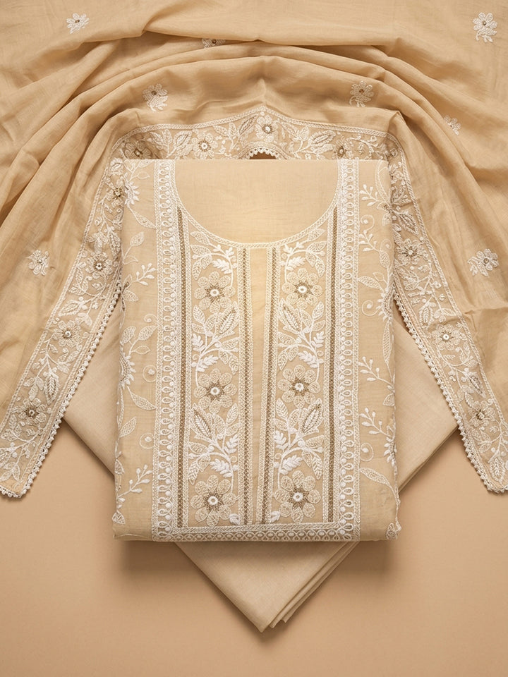 Beige  Chanderi Unstitched Dress Material