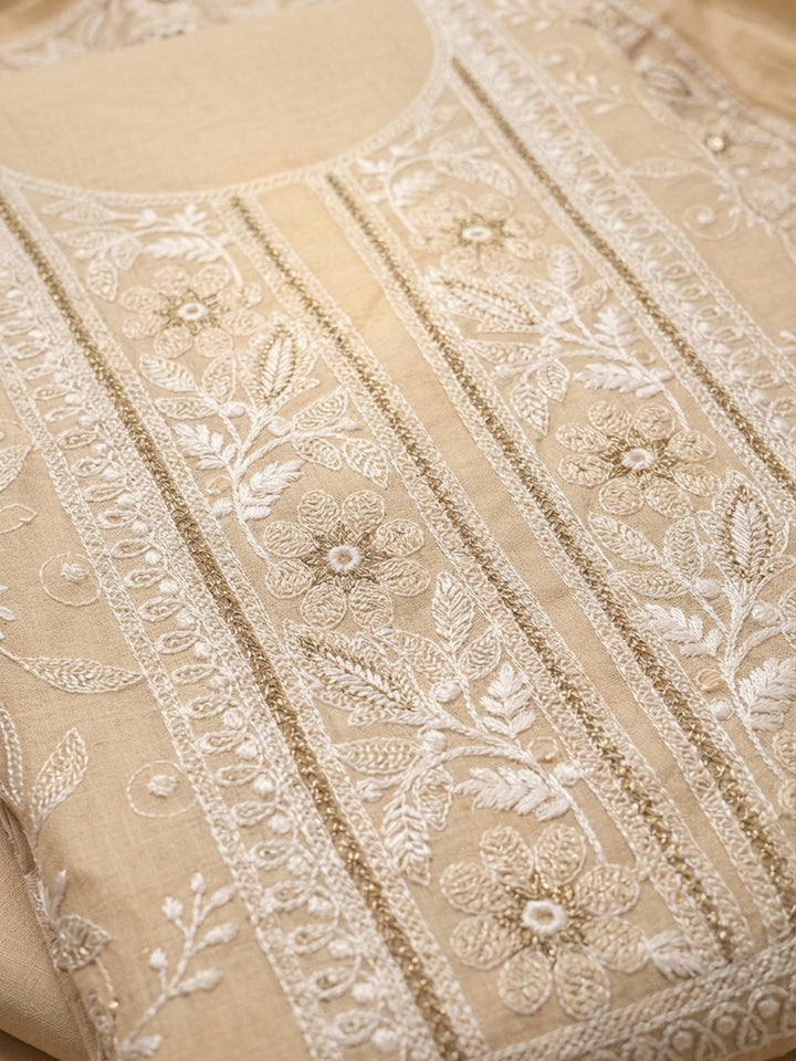 Beige  Chanderi Unstitched Dress Material