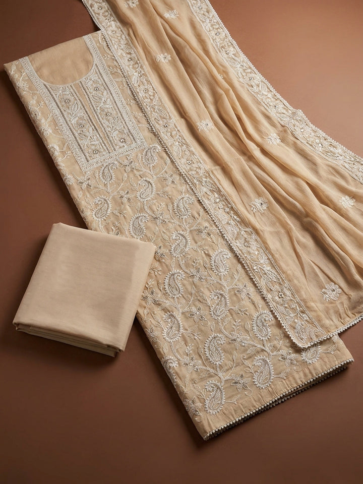 Beige  Chanderi Unstitched Dress Material