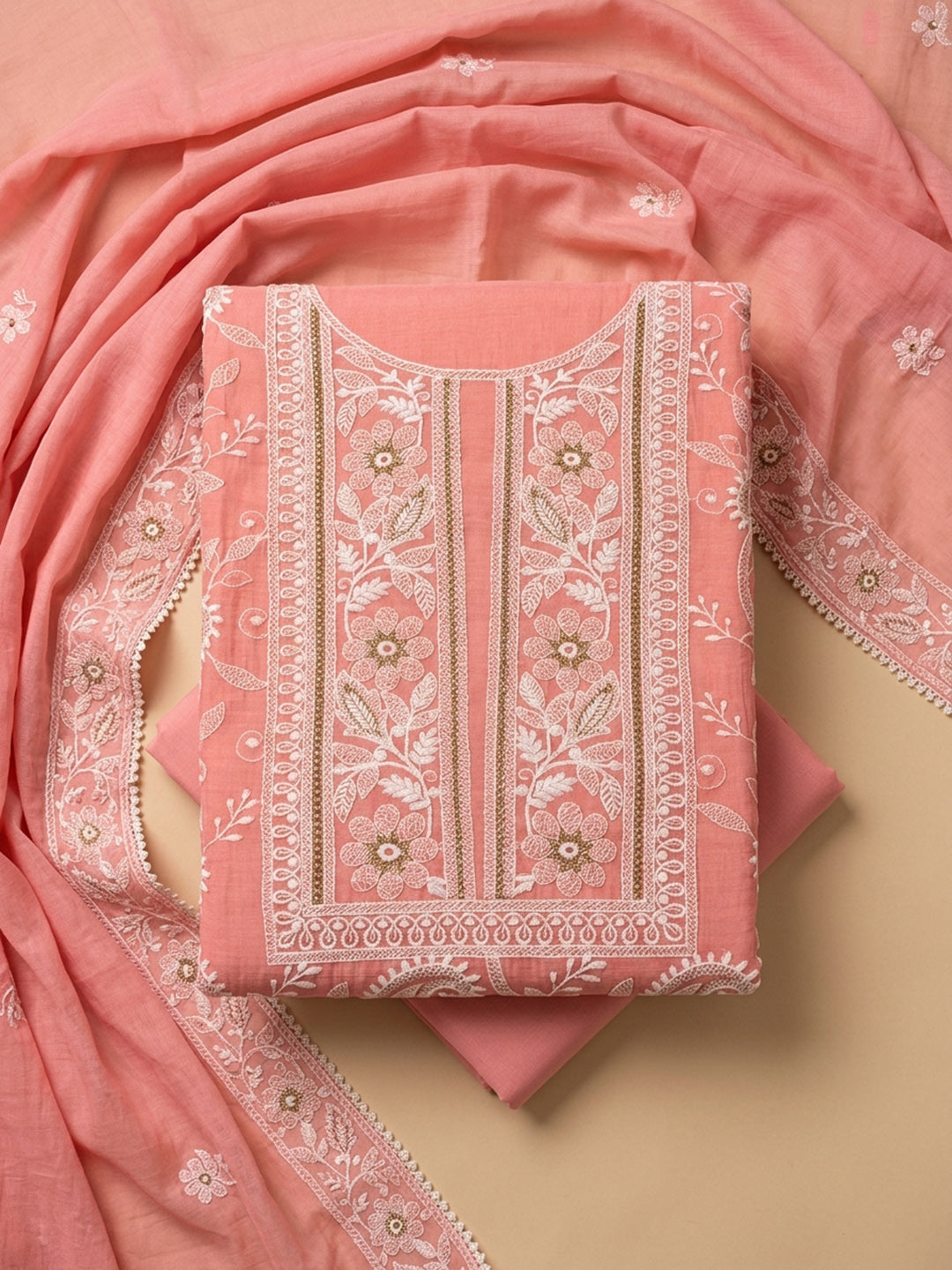 Peach  Chanderi Unstitched Dress Material
