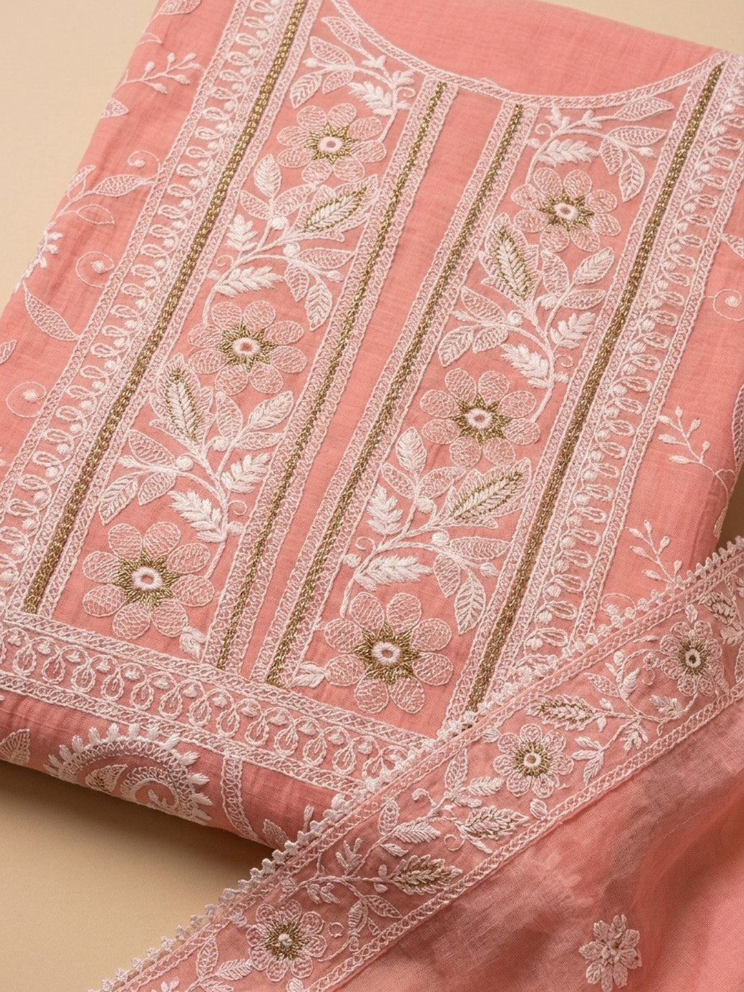 Peach  Chanderi Unstitched Dress Material