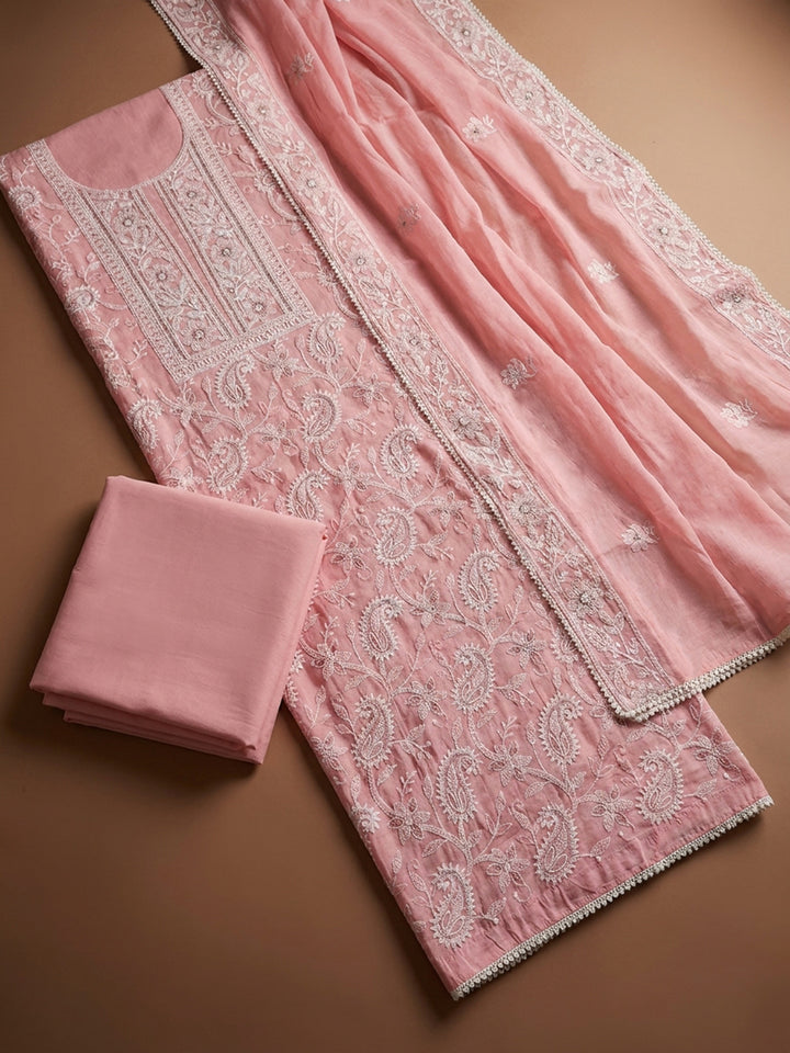 Peach  Chanderi Unstitched Dress Material