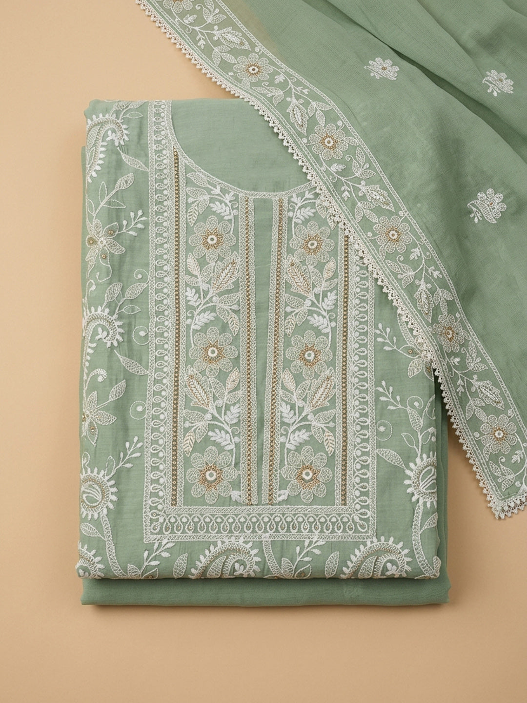 Sea Green  Chanderi Unstitched Dress Material