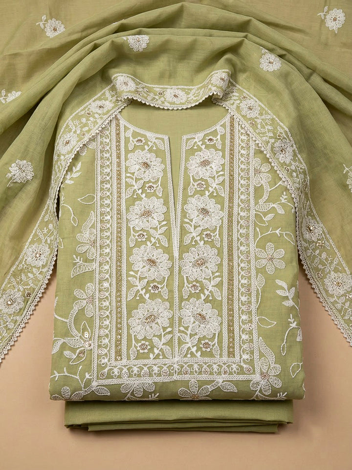 Pista Green Chanderi Embroidered Unstitched Dress Material
