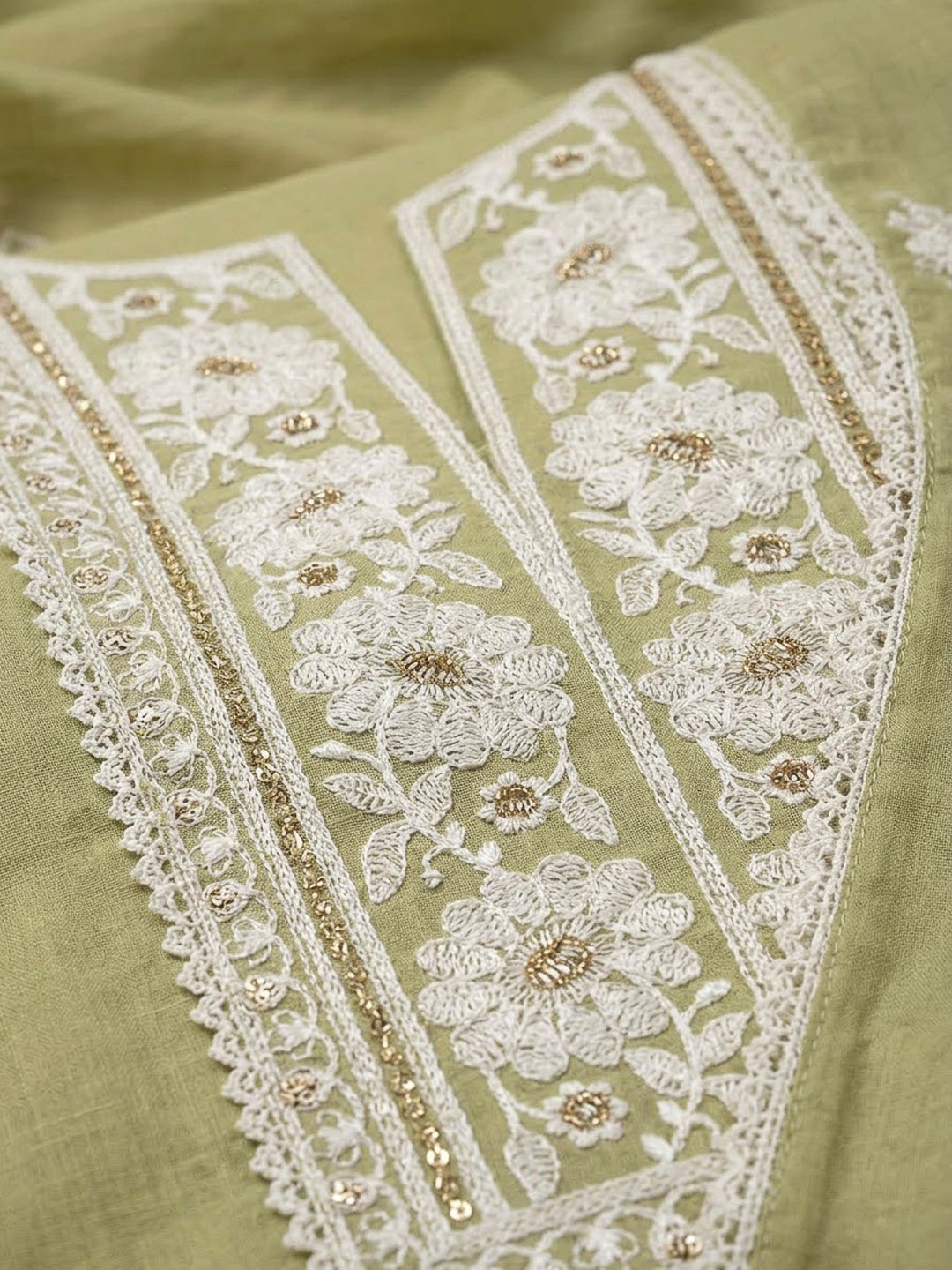 Pista Green Chanderi Embroidered Unstitched Dress Material