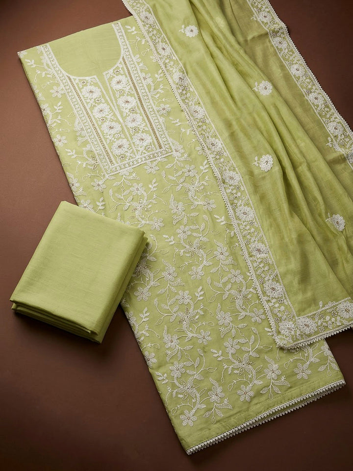 Pista Green Chanderi Embroidered Unstitched Dress Material