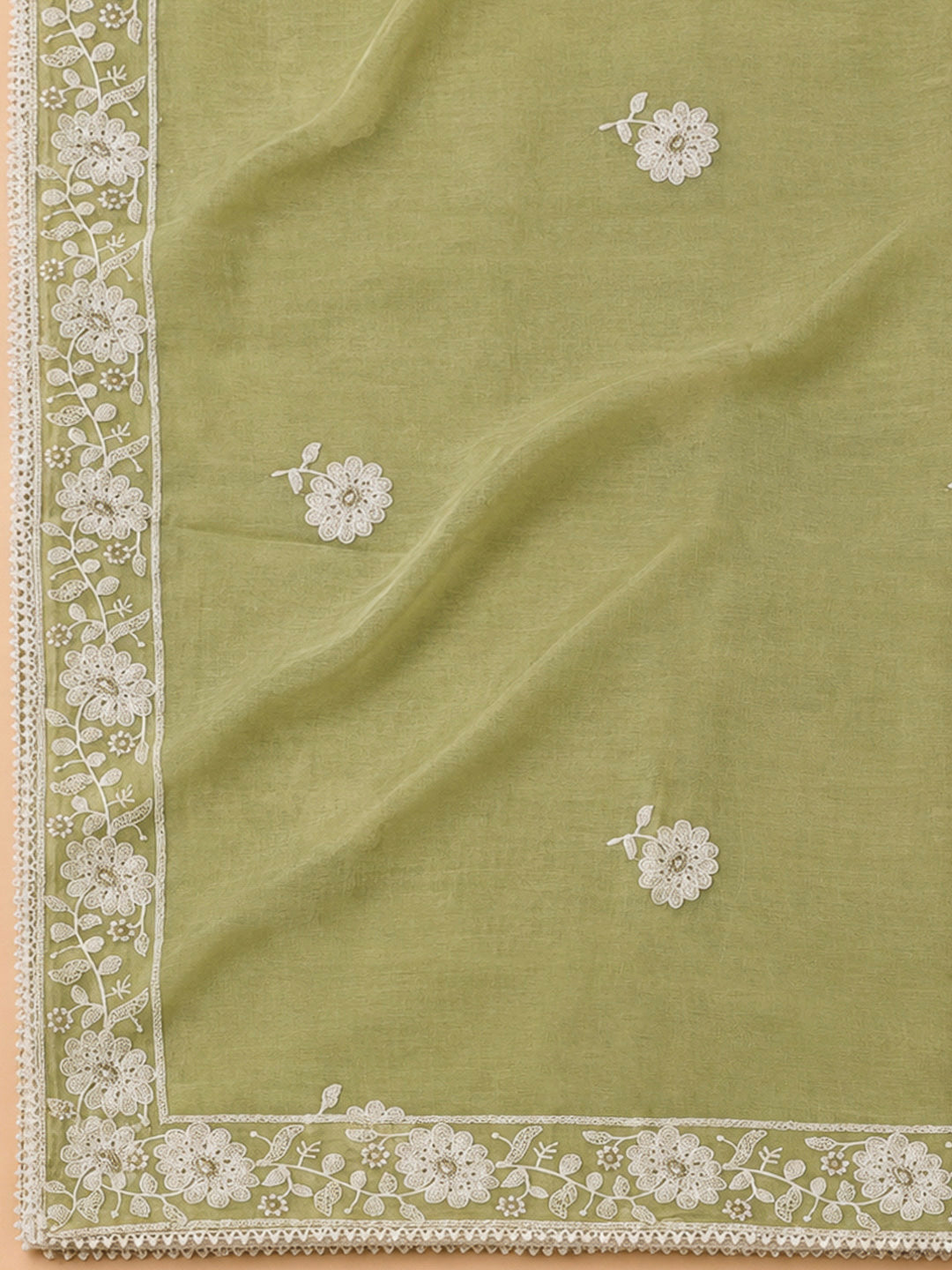 Pista Green Chanderi Embroidered Unstitched Dress Material