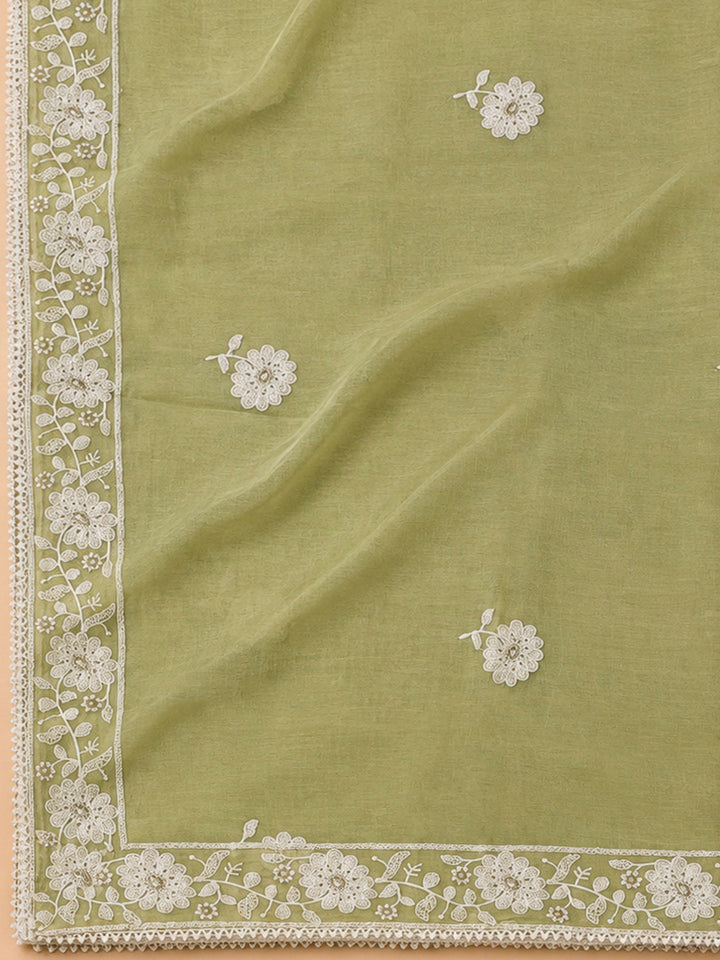 Pista Green Chanderi Embroidered Unstitched Dress Material