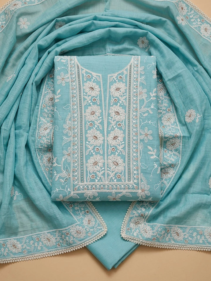Sky Blue Chanderi Embroidered Unstitched Dress Material