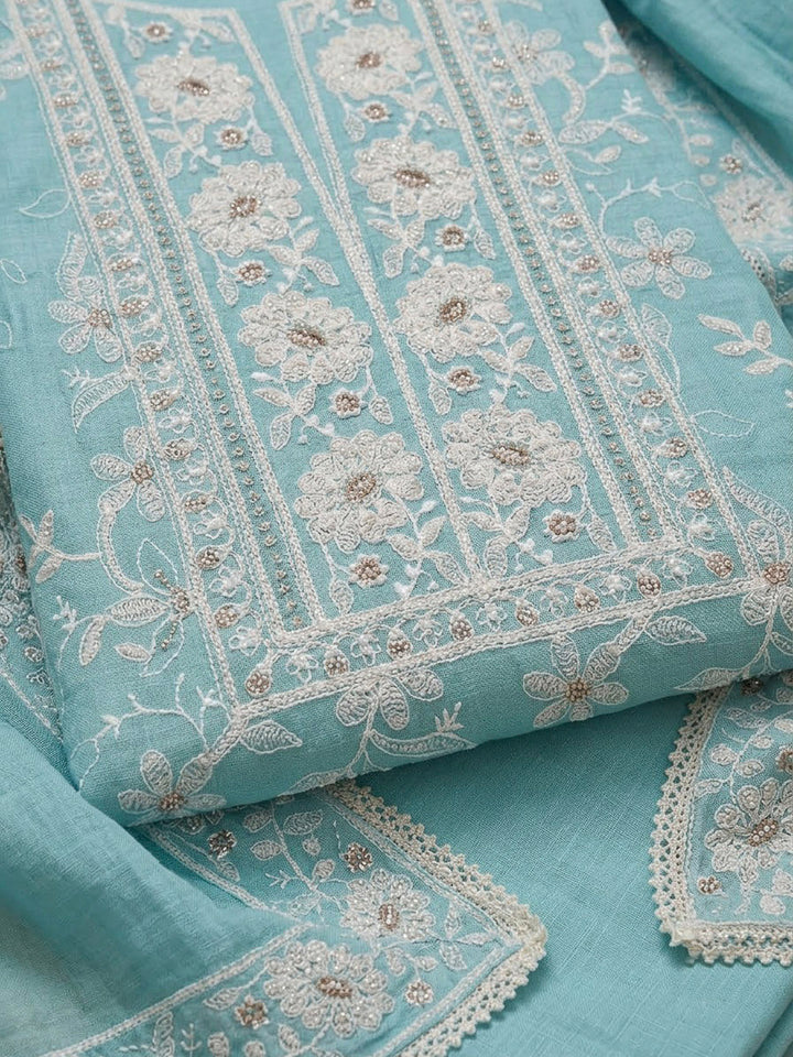 Sky Blue Chanderi Embroidered Unstitched Dress Material