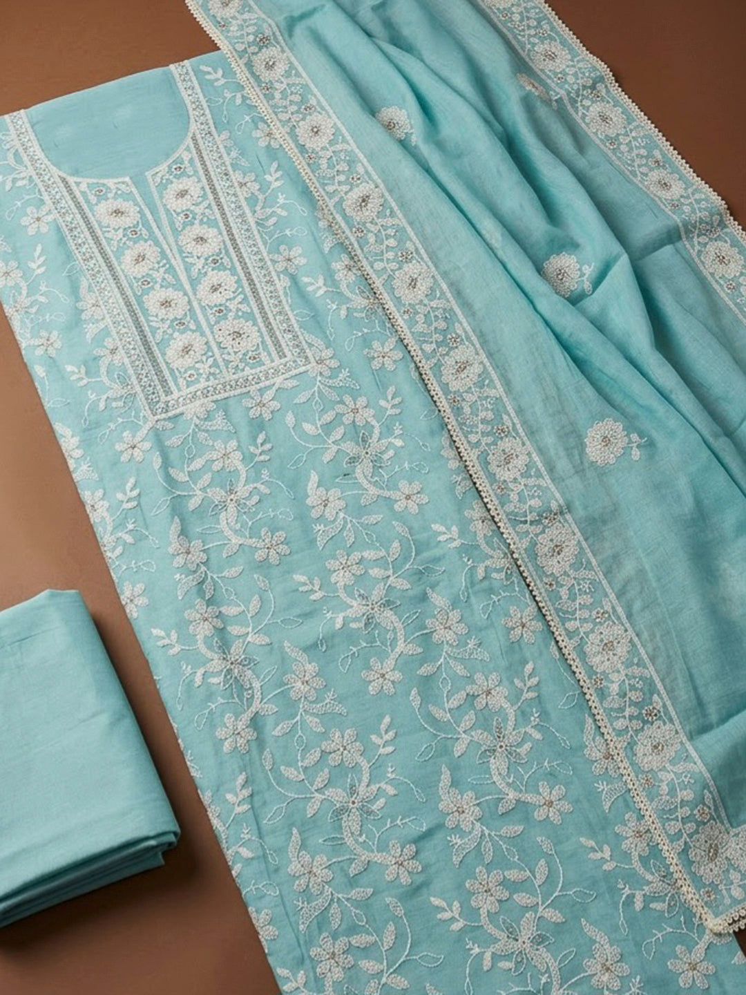 Sky Blue Chanderi Embroidered Unstitched Dress Material