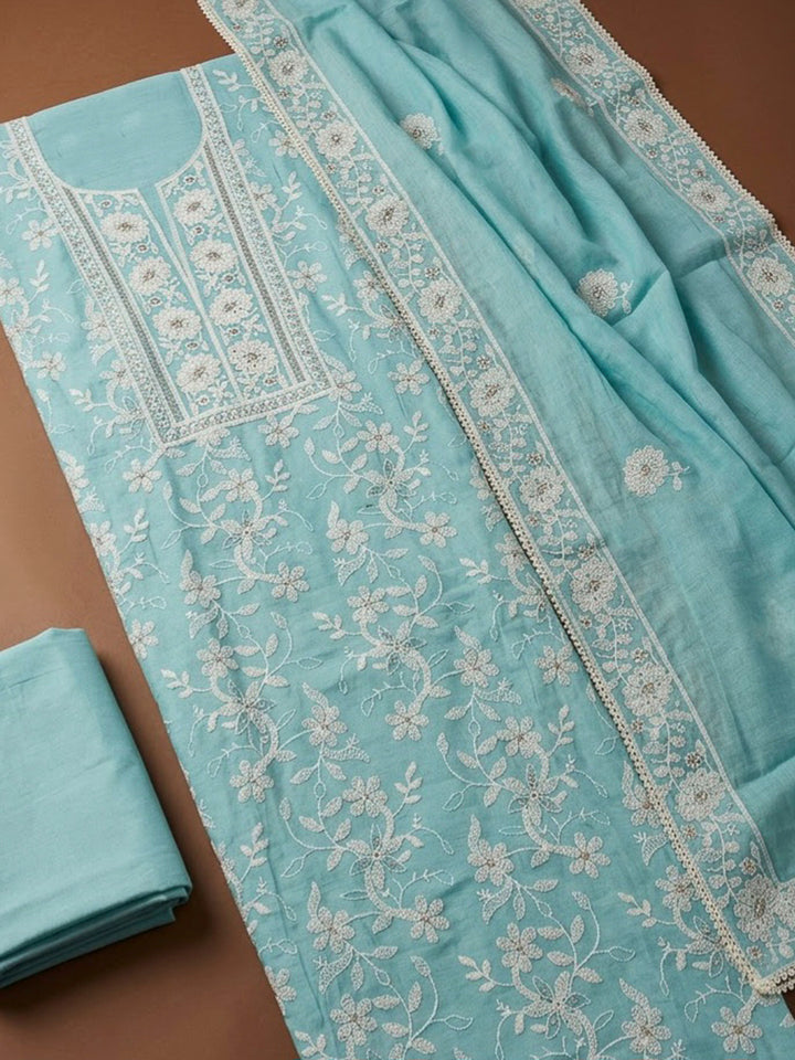 Sky Blue Chanderi Embroidered Unstitched Dress Material