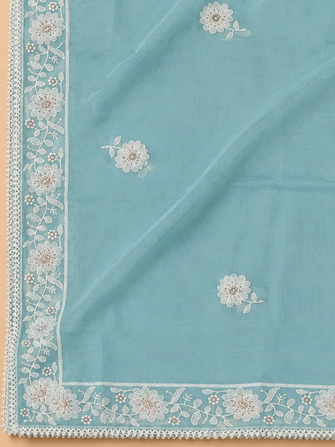 Sky Blue Chanderi Embroidered Unstitched Dress Material