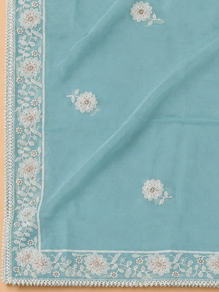 Sky Blue Chanderi Embroidered Unstitched Dress Material