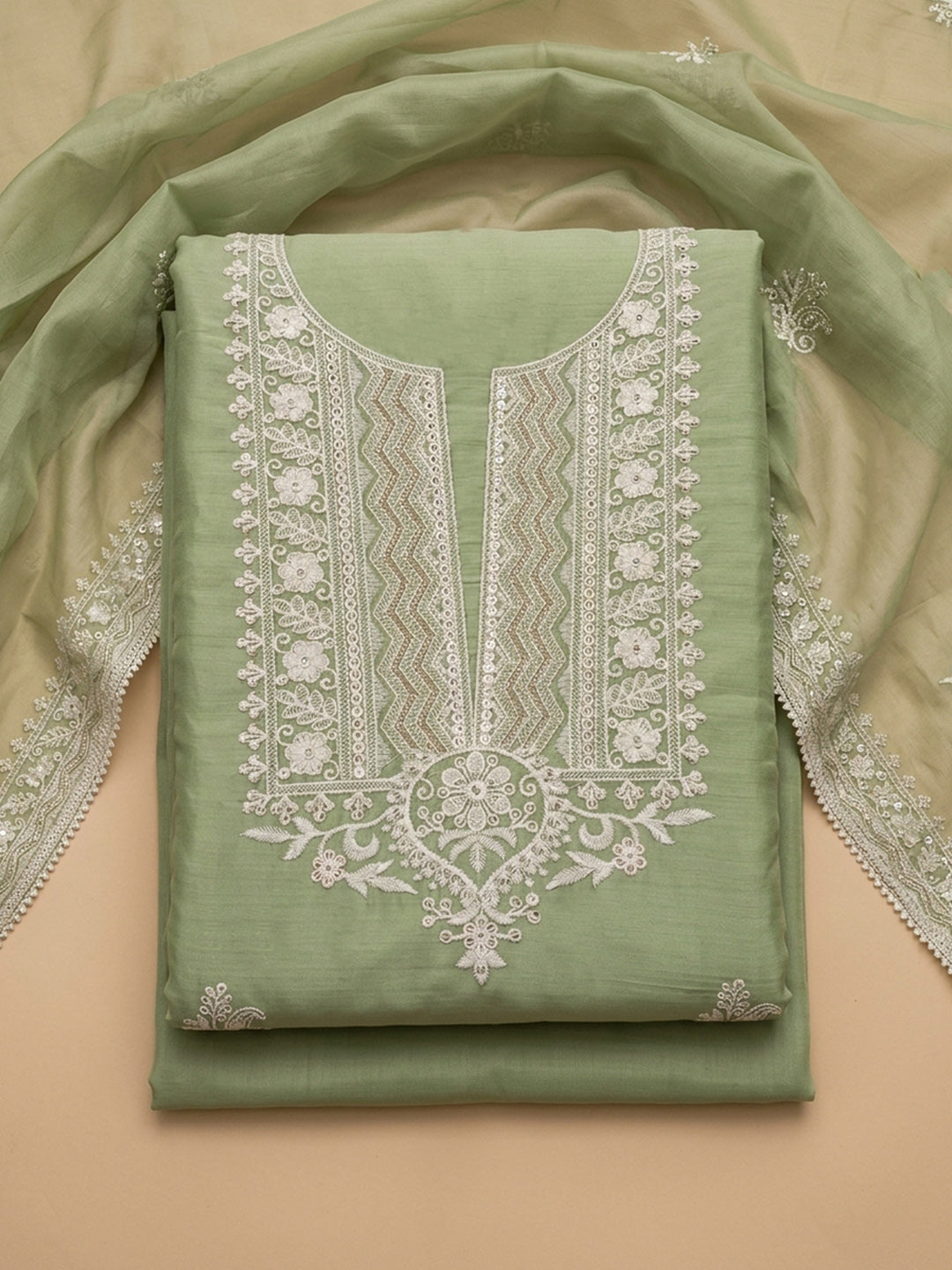 Pista Green  Chanderi Unstitched Dress Material