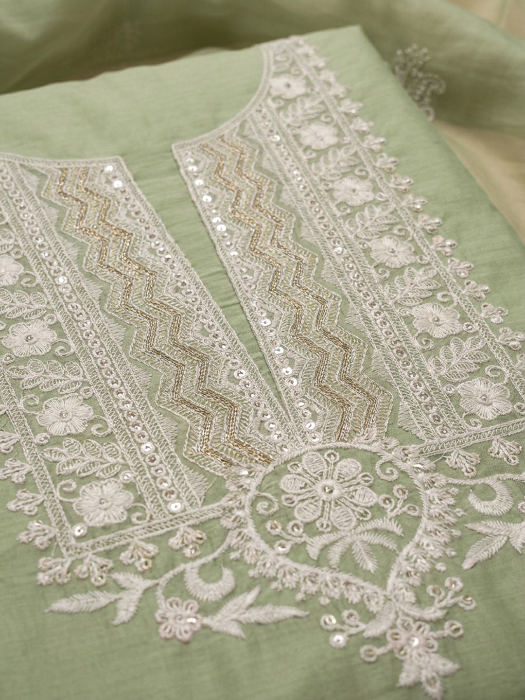 Pista Green  Chanderi Unstitched Dress Material