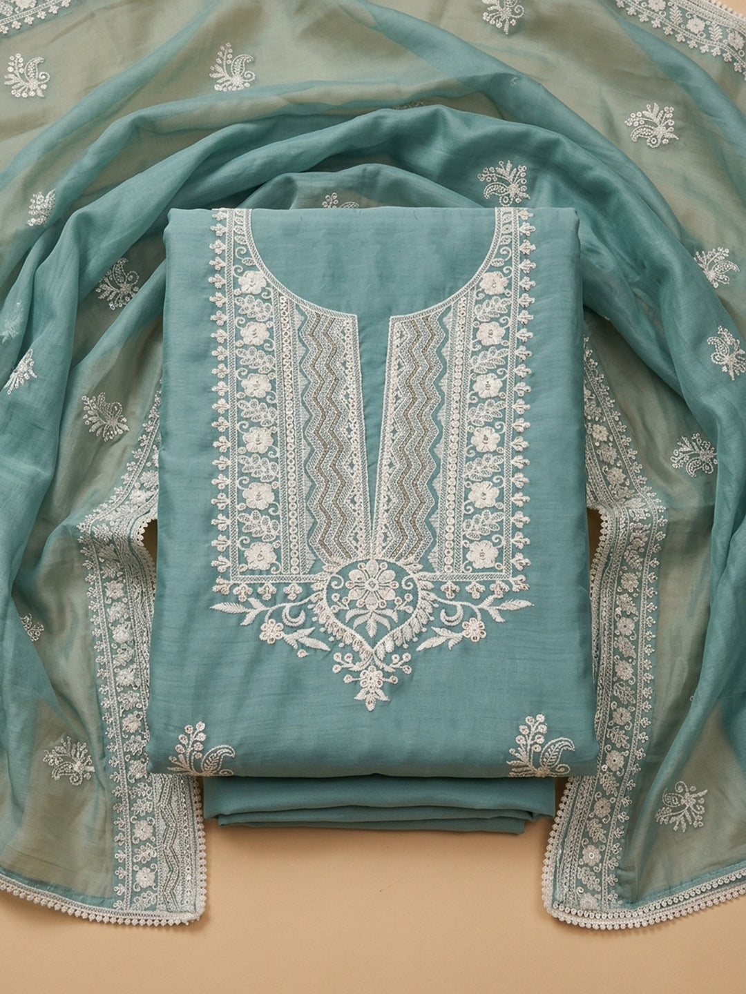 Sky Blue  Chanderi Unstitched Dress Material
