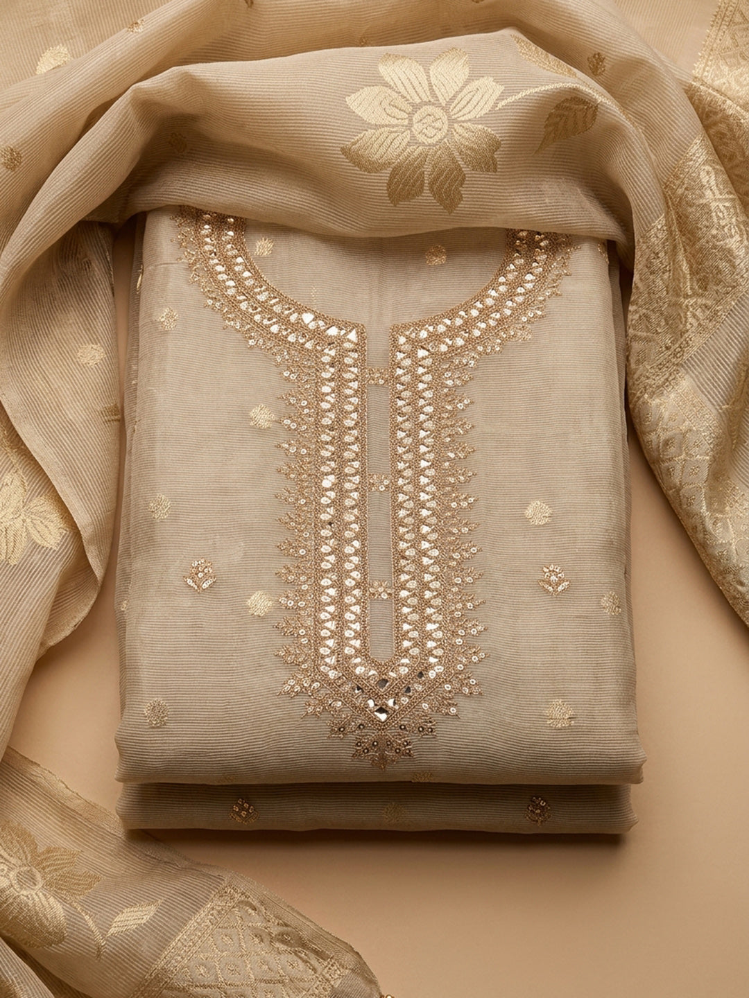 Beige  Chanderi Unstitched Dress Material