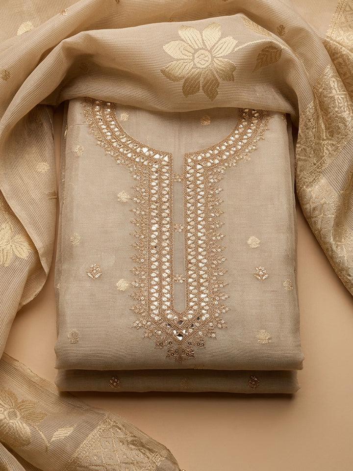 Beige  Chanderi Unstitched Dress Material