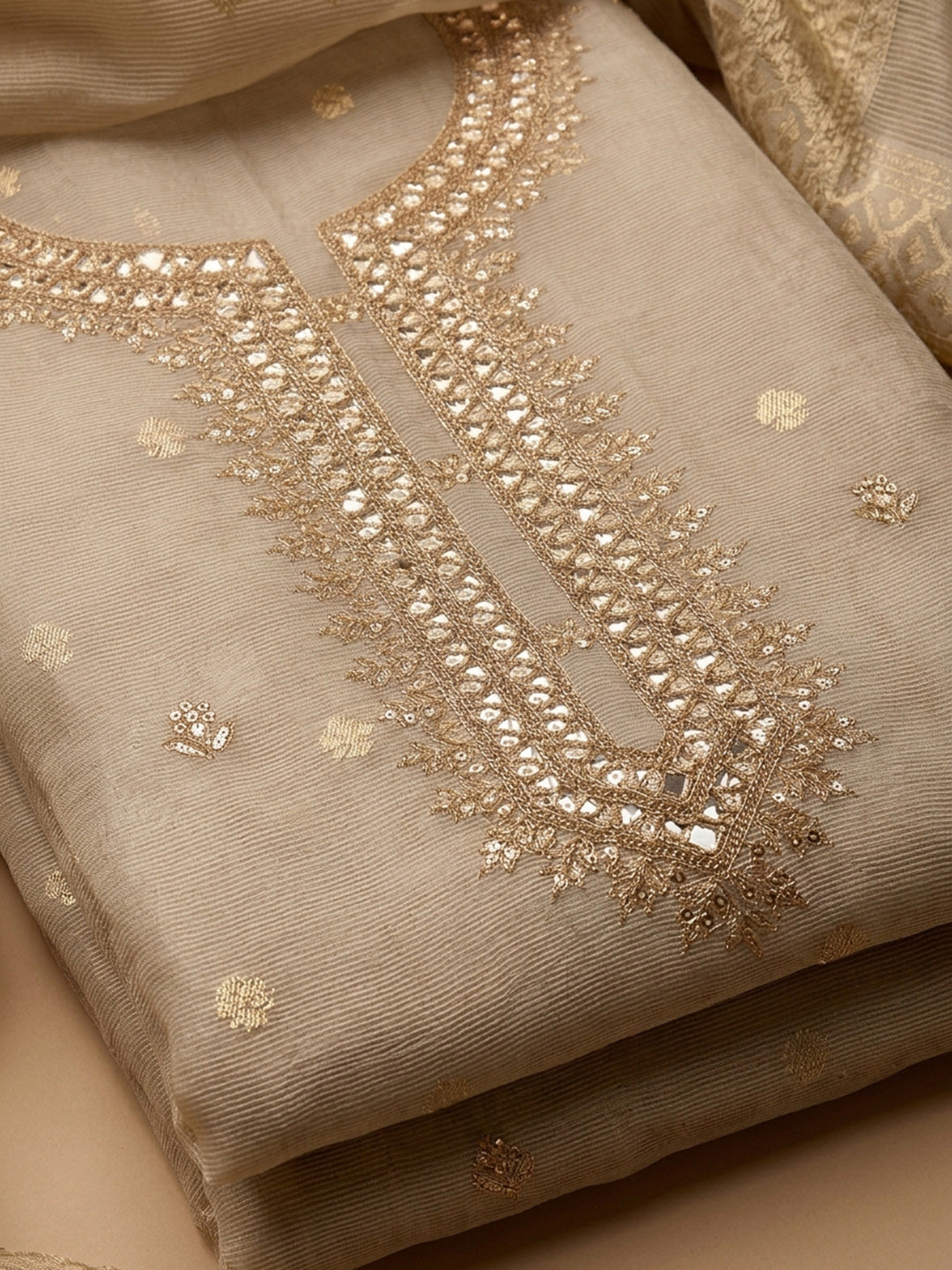 Beige  Chanderi Unstitched Dress Material