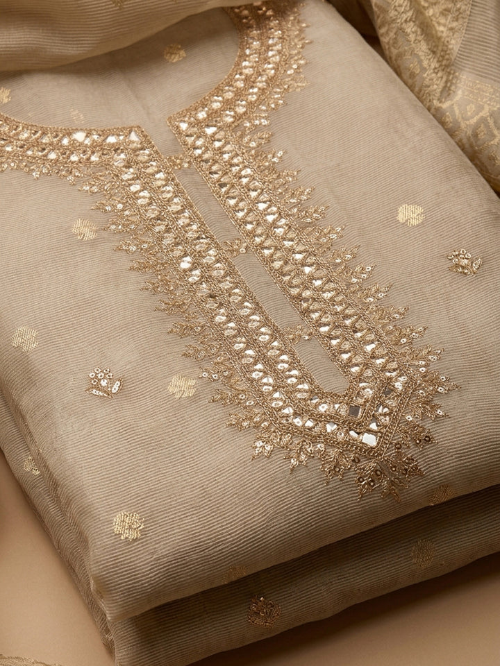 Beige  Chanderi Unstitched Dress Material
